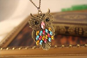 Amazon Antique Alloy with Colour Crystal Owl Pendant Necklace