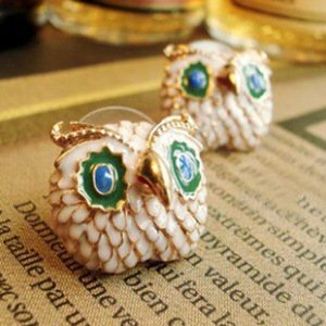 Amazon White Glaze & Gold Owl Earrings