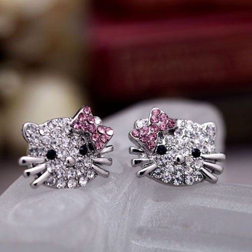 Amazon Crystal Silver Cat Stud Earrings