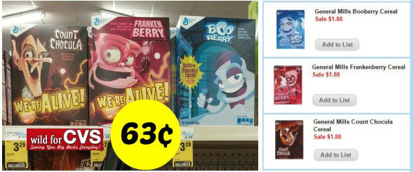 Boo Berry, Franken Berry or Count Chocula As Low As 63¢!