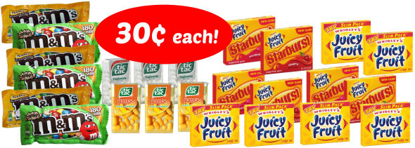 Juicy Fruit, M&M's & Tic Tac - 30¢ Per Single Pack!